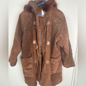 Vintage Venezia Vitale Brown Suede Duffle Coat Real Fox Fur Hood 14/16